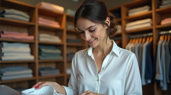 Meilleure qualité vêtements : comment choisir la meilleure option ? Femme examine un shirt coton dans une boutique élégante