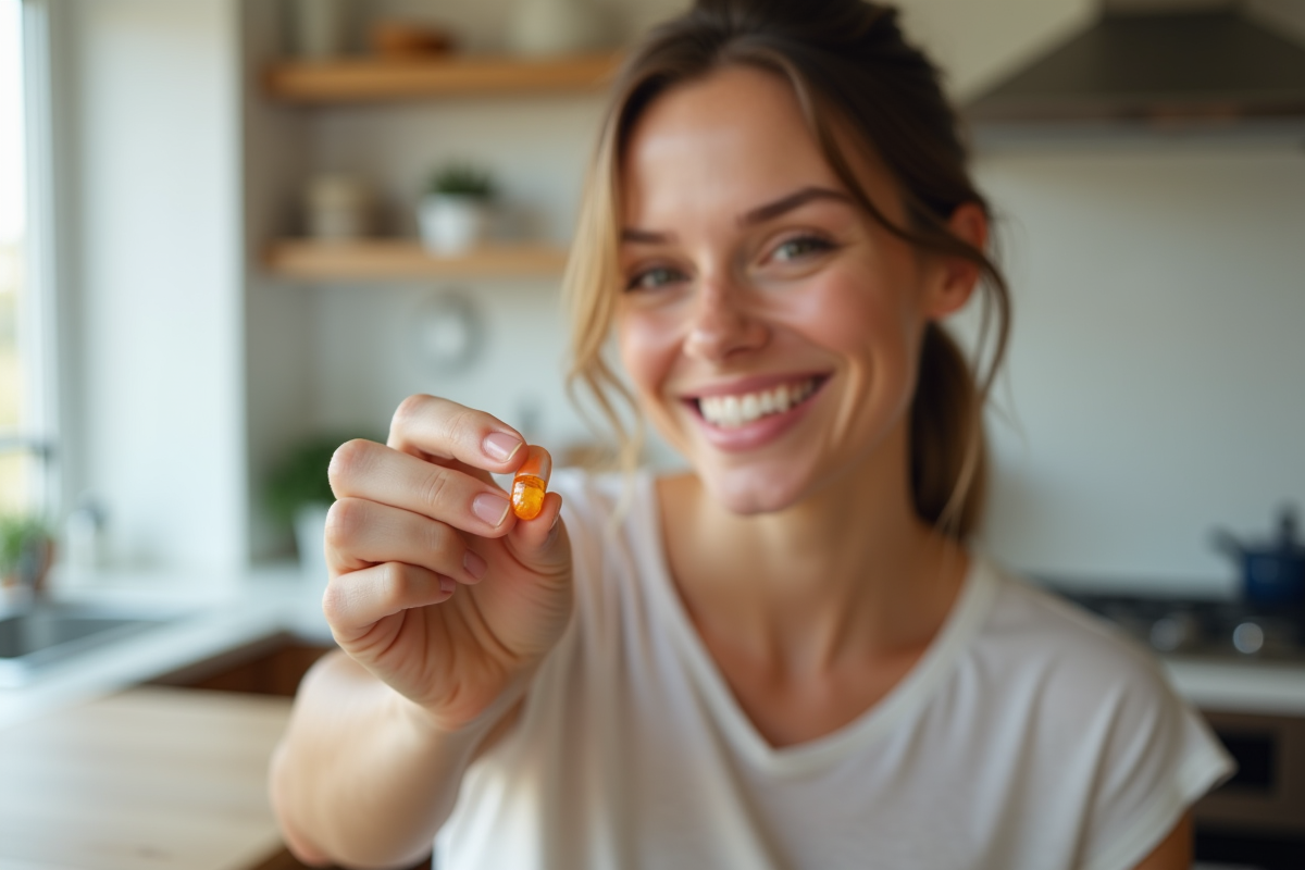 Femme souriante tenant une capsule de vitamine D3