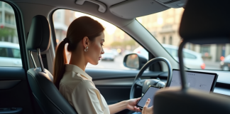 Femme relaxe dans une voiture autonome moderne