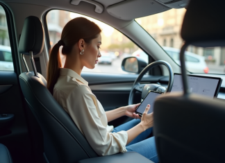 Femme relaxe dans une voiture autonome moderne