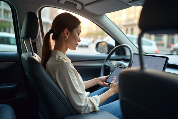femme-voiture-autonome Femme relaxe dans une voiture autonome moderne