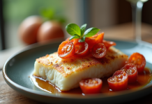 Filet de cod avec chorizo croustillant sur table rustique