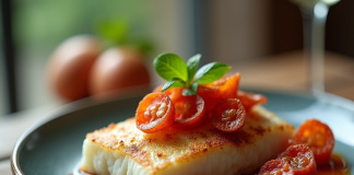 Filet de cod avec chorizo croustillant sur table rustique