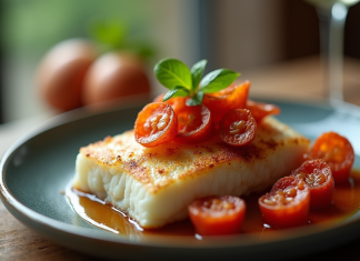 Filet de cod avec chorizo croustillant sur table rustique