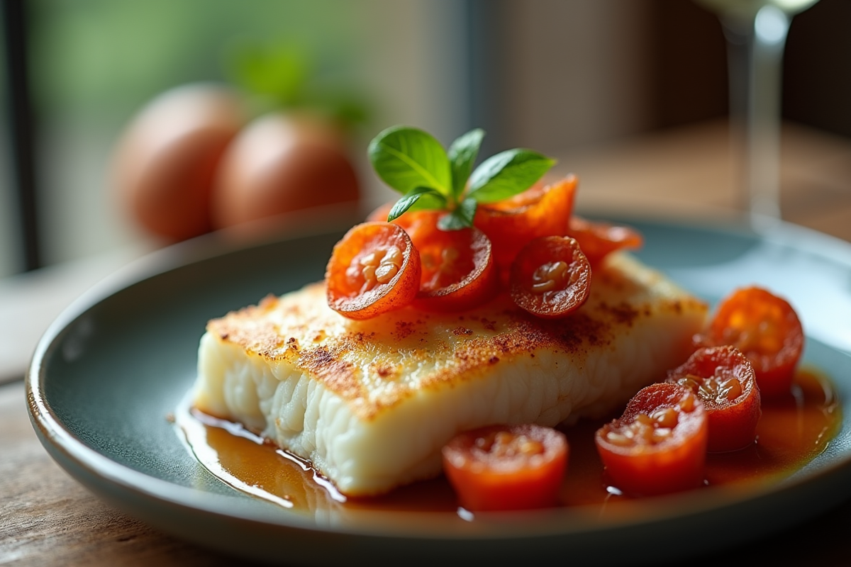 Filet de cod avec chorizo croustillant sur table rustique