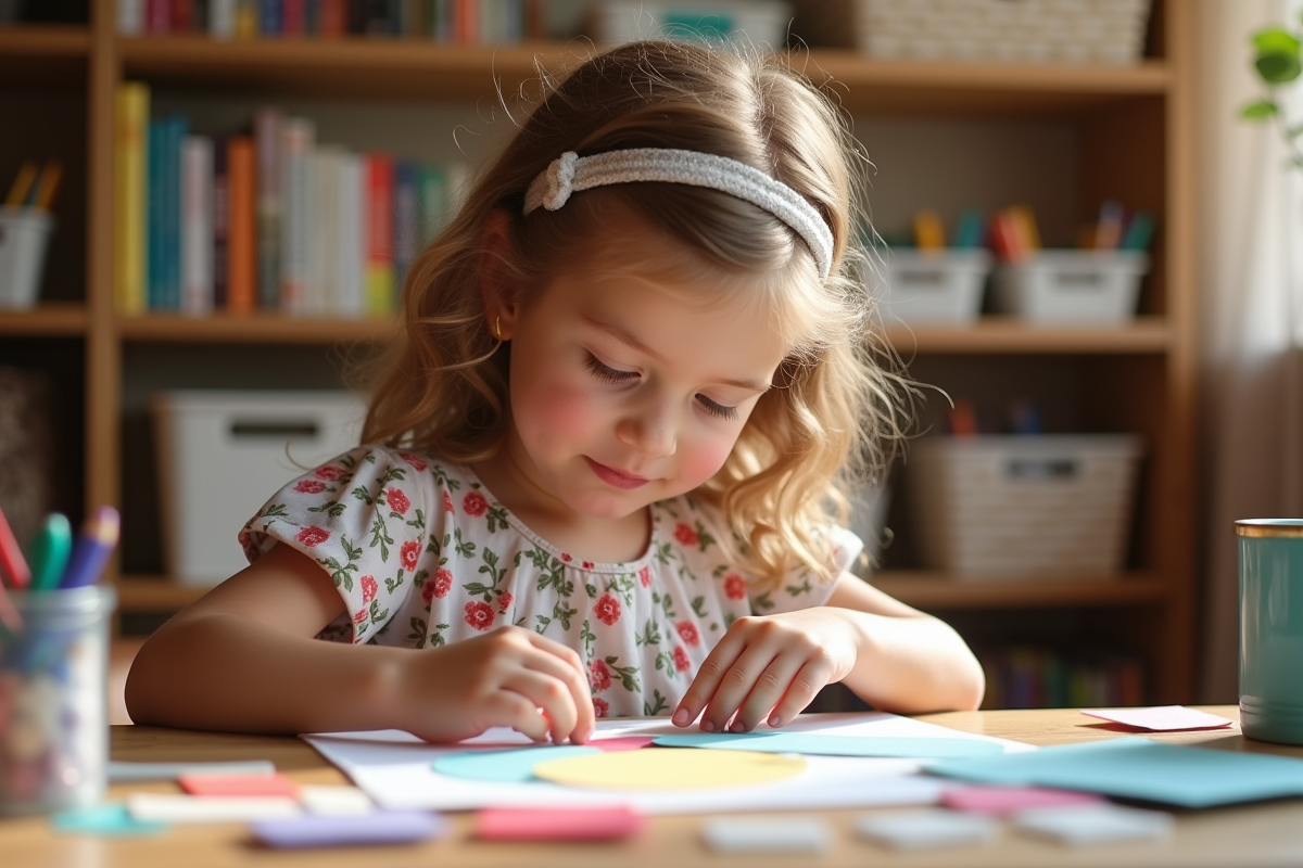 Jeune fille réalisant un collage avec des formes colorées