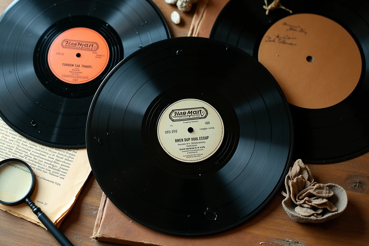 Vue de dessus de disques 78 tours en shellac disposés sur une table en bois avec accessoires de collectionneur et guide de prix