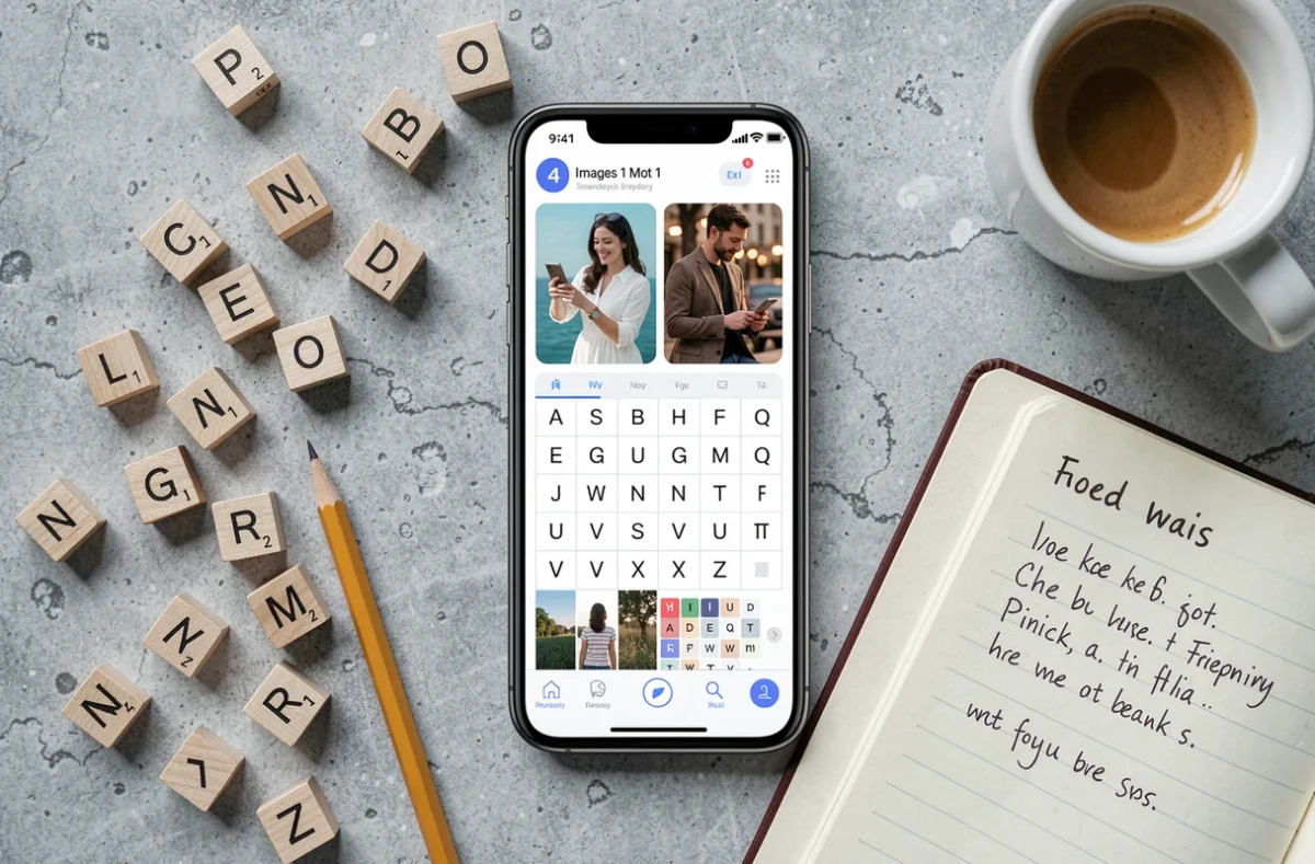 Vue aérienne d'un jeu 4 Images 1 Mot de 9 lettres sur smartphone entouré de lettres en bois et notes manuscrites