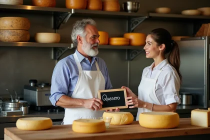Fromager professionnel expliquant le vocabulaire espagnol 'Quesero' à une apprentie en cuisine de restaurant