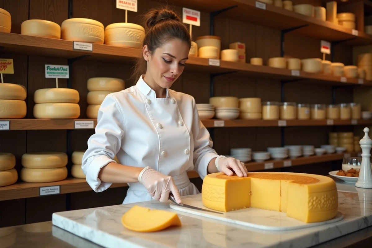 Fromagère découpant un Manchego dans une épicerie fine espagnole avec des étiquettes bilingues français-espagnol