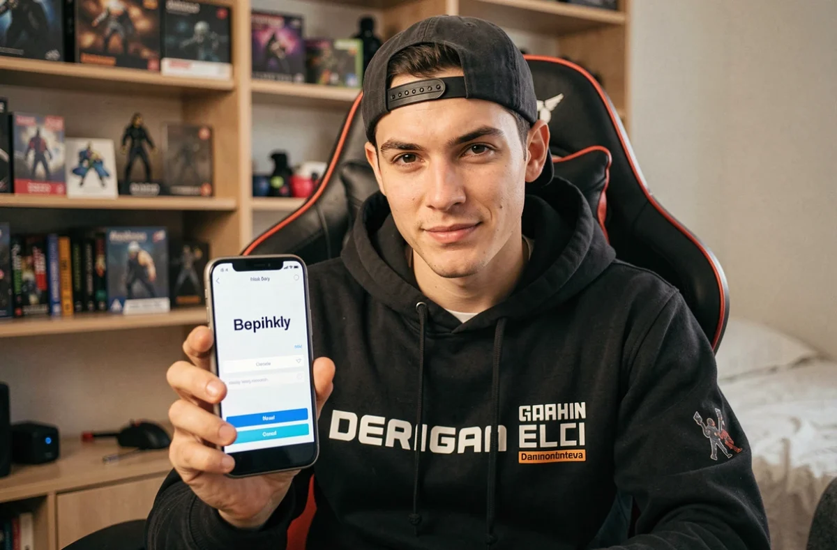 Gamer créant un pseudo tryhard sur smartphone dans une chambre gaming