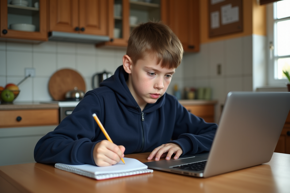 Garçon de 12 ans avec sweat navy à la table de cuisine