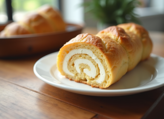 Tranche de gâteau suisse roulé moelleux sur assiette blanche