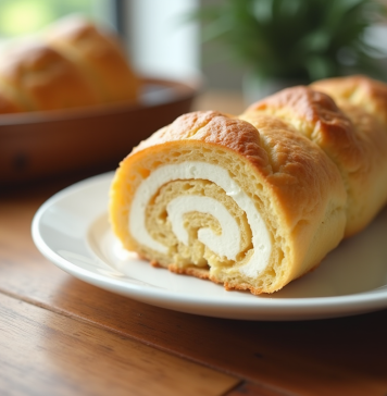 Tranche de gâteau suisse roulé moelleux sur assiette blanche
