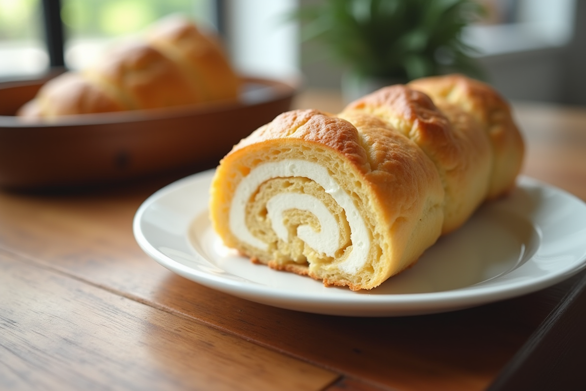 Tranche de gâteau suisse roulé moelleux sur assiette blanche