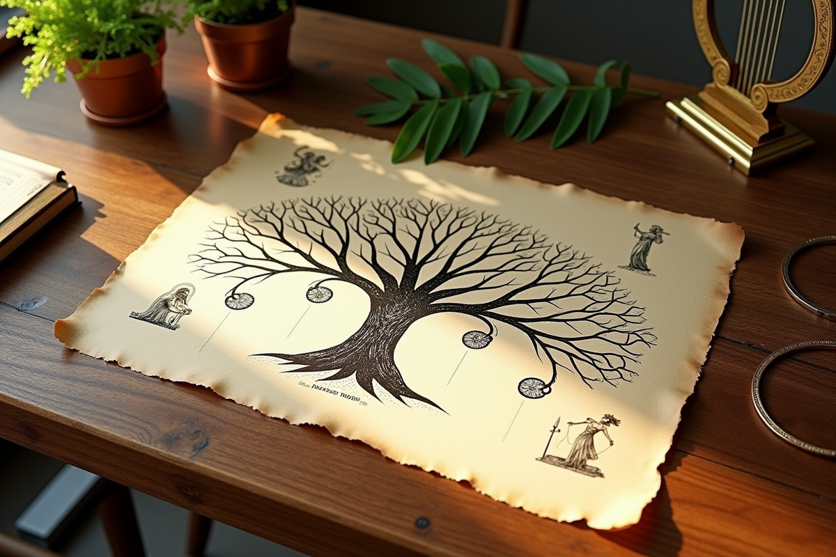 Généalogie des dieux grecs dessinée sur parchemin sur une table en bois