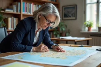 Géographe étudiant une carte topographique de la région parisienne pour définir les limites de la plus grande ville de France