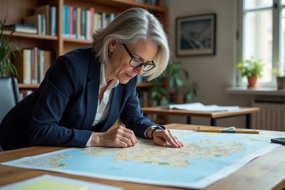 Géographe étudiant une carte topographique de la région parisienne pour définir les limites de la plus grande ville de France