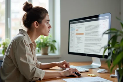Jeune femme graphiste frustrée devant un écran affichant une mise en page avec des erreurs typographiques et des polices mal assorties