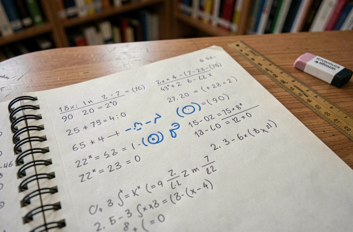 Gros plan d'un cahier scolaire ouvert avec le symbole environ écrit à la main en mathématiques
