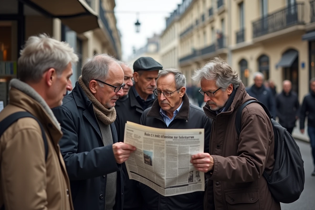 Groupe diversifi&eacute; de personnes lisant un journal dans la rue