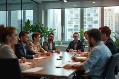 Groupe divers de professionnels en réunion de brainstorming