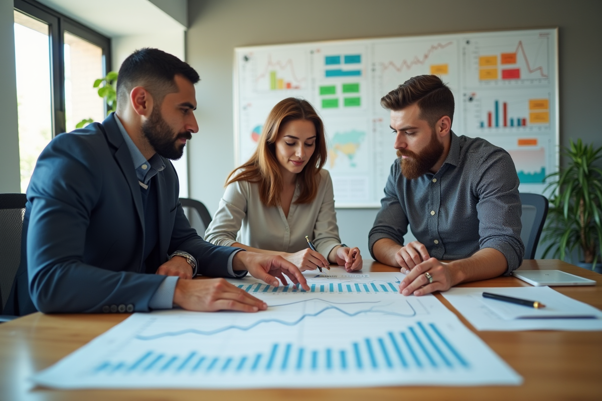 Jeunes professionnels analysant un graphique financier en réunion