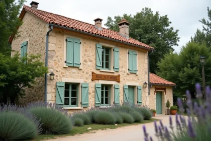 Façade d'un petit hôtel de charme en pierre en Drôme Provençale près d'Hauterives, entouré de lavande et d'arbres centenaires