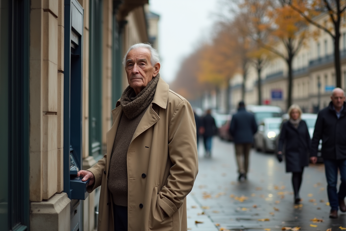 Homme âgé utilisant un distributeur automatique à Paris