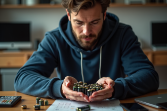 Homme d'âge moyen tenant des piles dans un bureau organisé