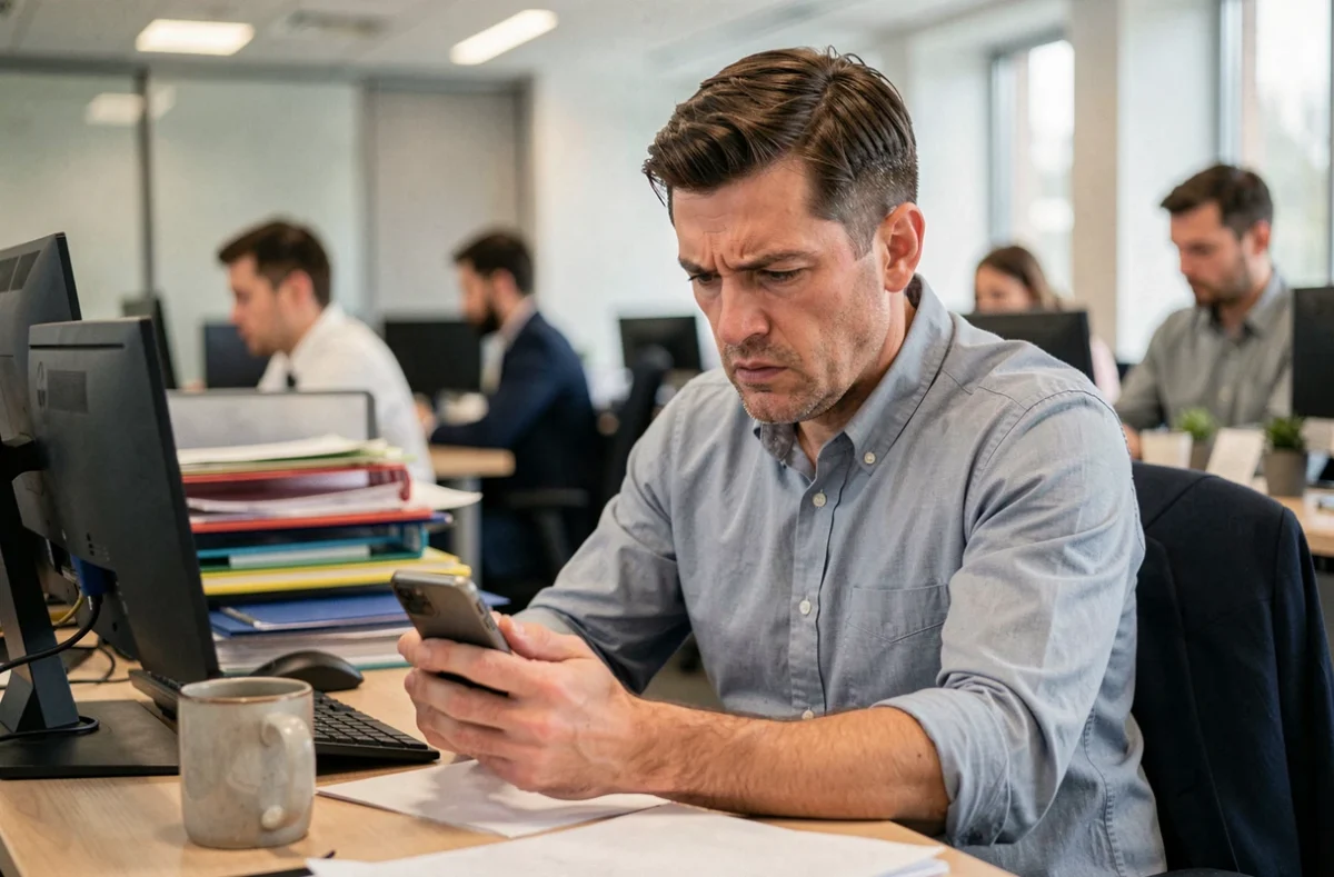 Homme en bureau regardant son téléphone après une conversation conflictuelle abruptement interrompue