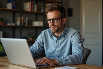 Homme en bureau à domicile travaillant sur son ordinateur
