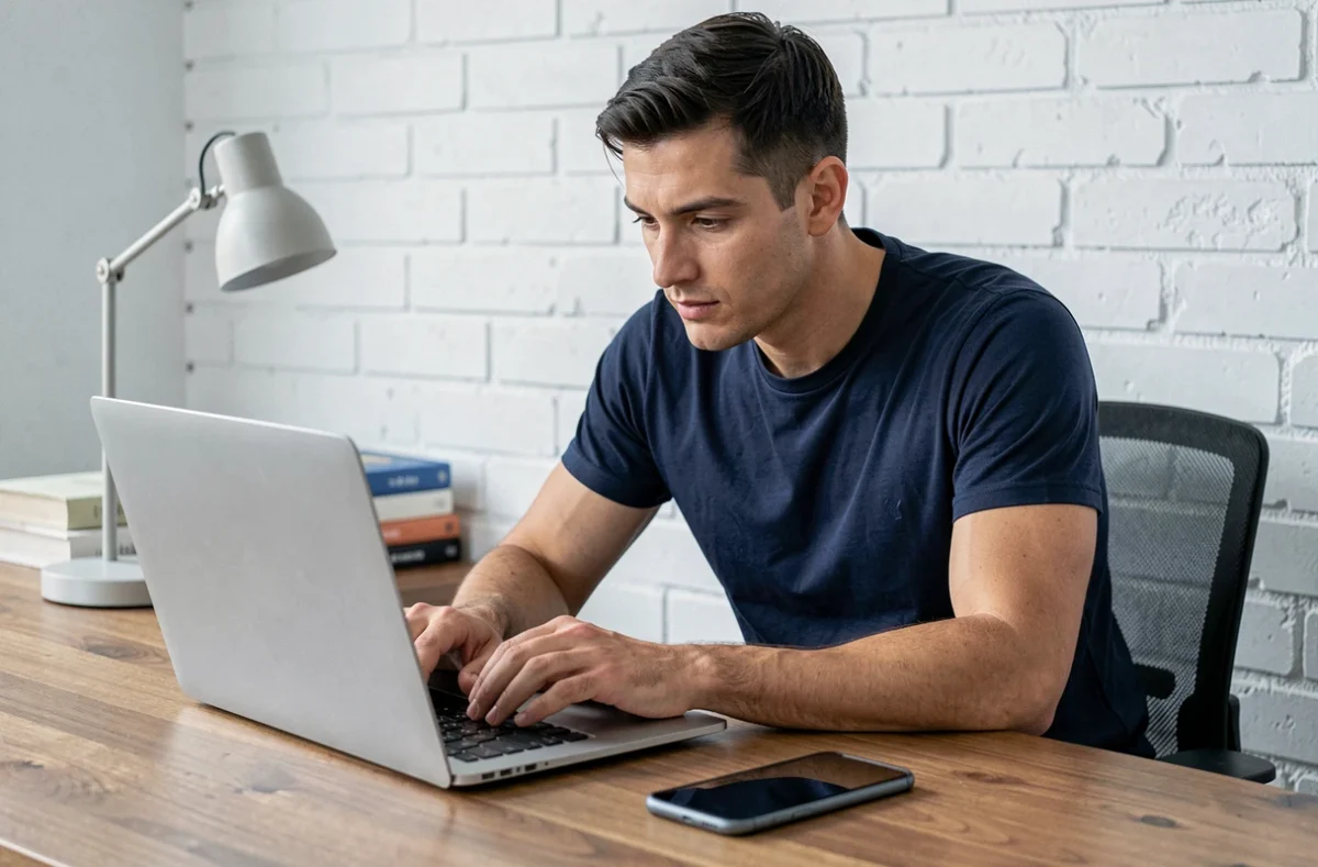 Homme consultant anonymement des stories Instagram depuis un bureau à domicile avec smartphone et ordinateur portable