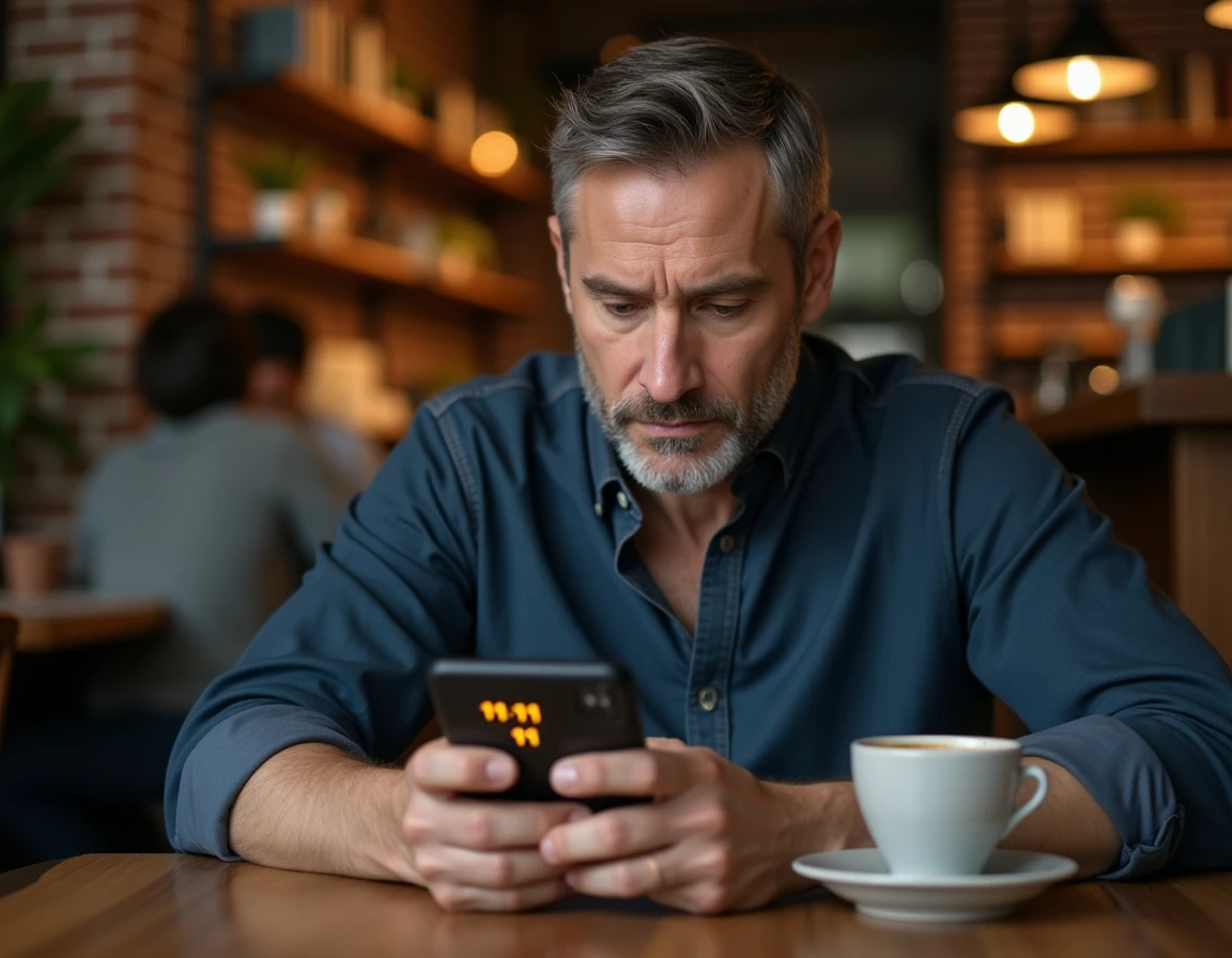 Homme dans un café regardant son téléphone affichant 11h11, atmosphère chaleureuse et introspective