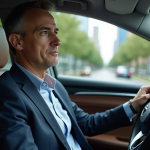 Homme d'âge moyen dans une voiture autonome moderne