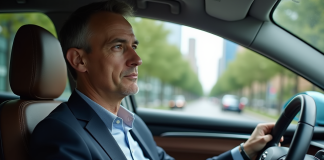 Conduite autonome : Quel est le meilleur choix pour votre véhicule ? Homme d'âge moyen dans une voiture autonome moderne