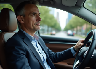 Homme d'âge moyen dans une voiture autonome moderne
