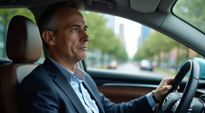 Homme d'âge moyen dans une voiture autonome moderne