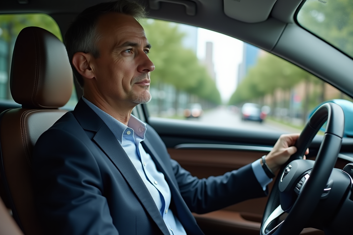 Homme d'âge moyen dans une voiture autonome moderne
