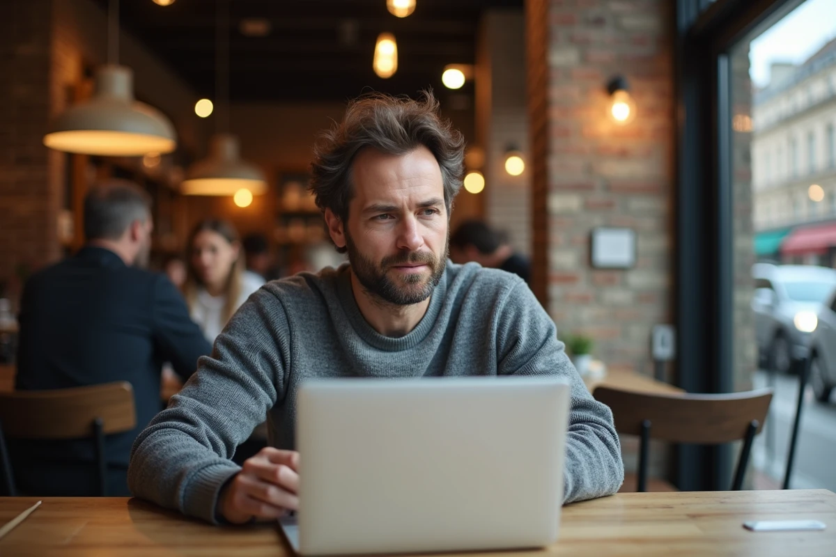 Homme relisant un texte sur son ordinateur portable dans un café parisien pour corriger une faute d'orthographe