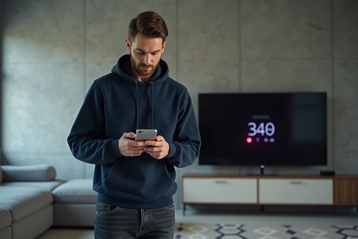 Homme consultant une application de shopping sur son smartphone pendant le Cyber Lundi dans un salon moderne avec un téléviseur affichant un compte à rebours