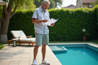 Homme d'âge moyen lisant près d'une piscine moderne dans le jardin