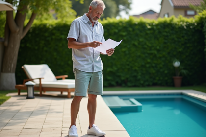 Homme d'âge moyen lisant près d'une piscine moderne dans le jardin