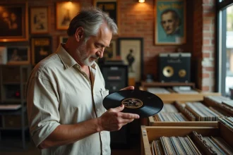 Homme tenant un disque 78 tours en shellac dans une boutique de disques vintage, examinant l'étiquette avec attention