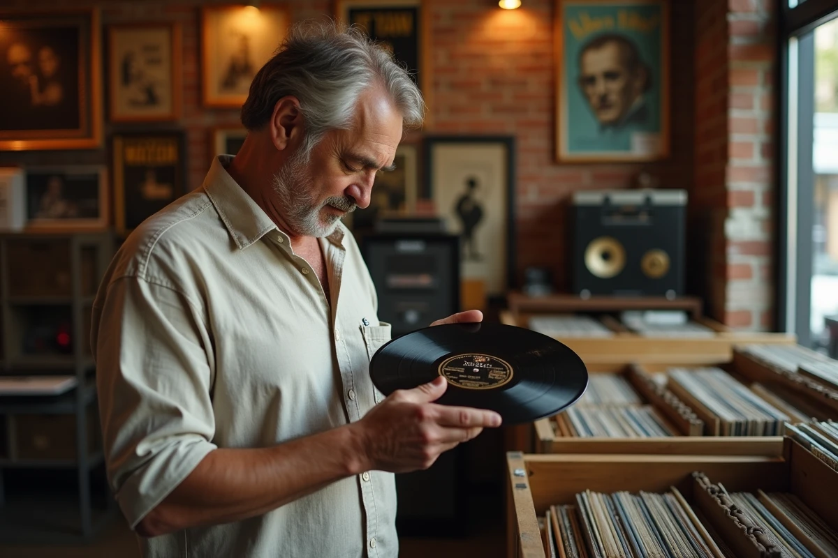 Homme tenant un disque 78 tours en shellac dans une boutique de disques vintage, examinant l'étiquette avec attention
