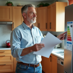 Classe énergétique 6 : comprendre son importance et ses implications Homme regardant un label energie sur un frigo moderne