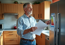 Homme regardant un label energie sur un frigo moderne