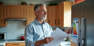 Homme regardant un label energie sur un frigo moderne