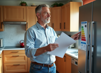 Classe énergétique 6 : comprendre son importance et ses implications Homme regardant un label energie sur un frigo moderne