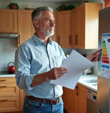 Classe énergétique 6 : comprendre son importance et ses implications Homme regardant un label energie sur un frigo moderne
